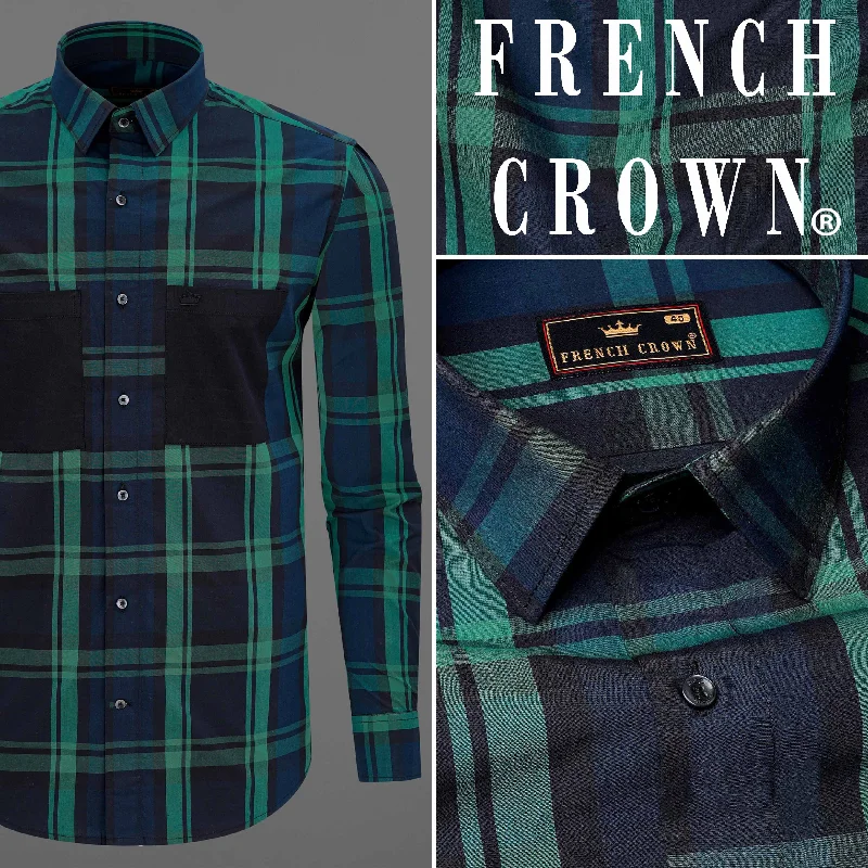 Gunmetal Blue with Viridian Green Plaid Premium Cotton Designer Shirt