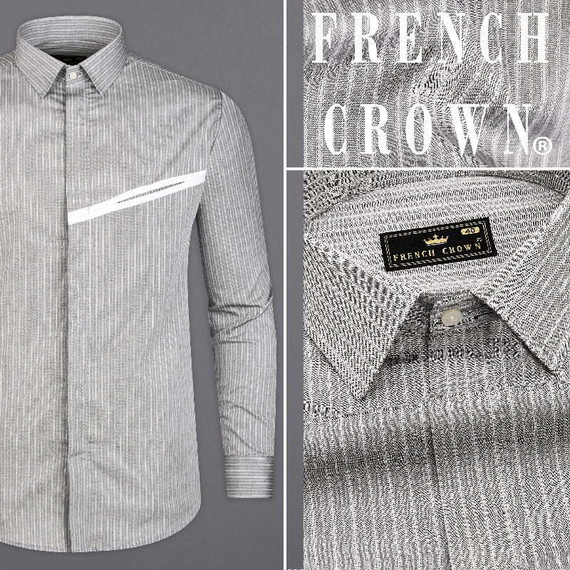 Martini Gray with Geyser Gray Striped And White Patch Work Dobby Textured Giza Cotton Designer Shirt