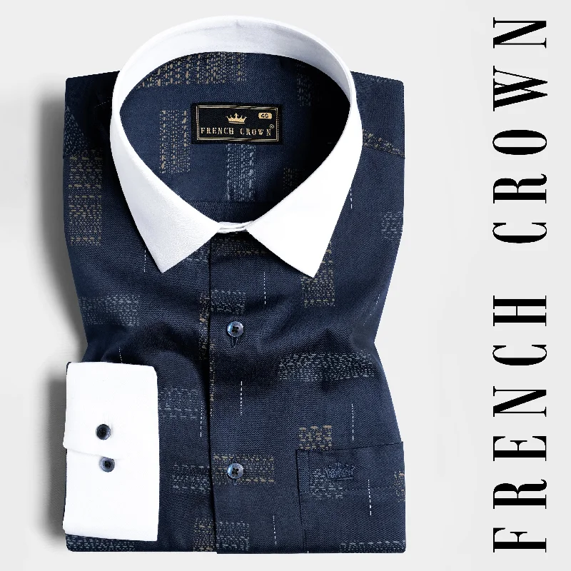 Mirage Navy Blue Printed with White Cuffs and Collar Super Soft Premium Cotton Shirt